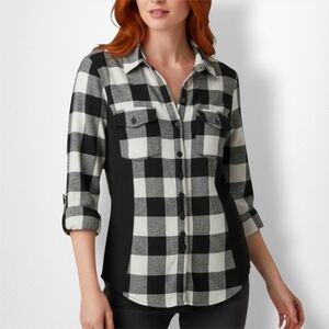 Womens Black White Plaid Roll Tab Sleeves Black Knit Sides